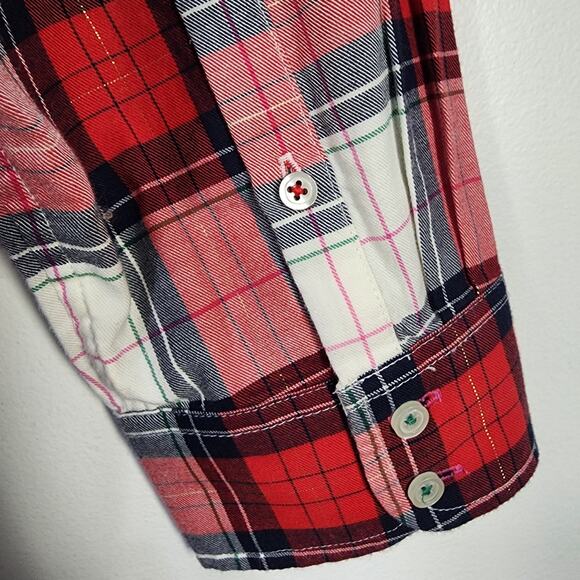 Talbots Shirt Womens Large Red Cotton Long Sleeve Button Front Plaid Metallic - Picture 6 of 8